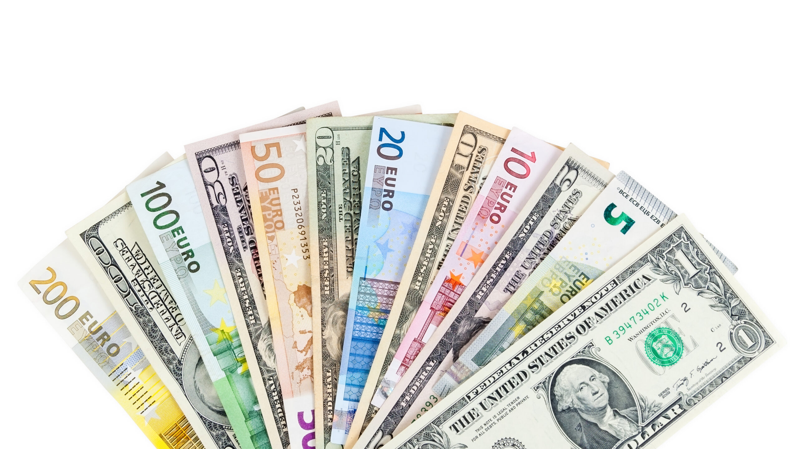 dollar and euro banknotes on white background